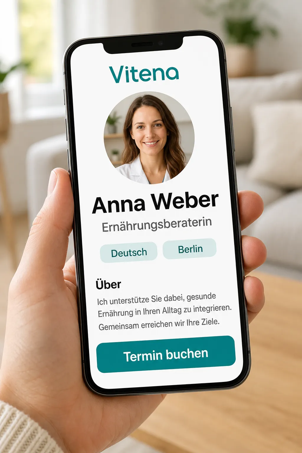 Die öffentliche Profilseite einer Gesundheitsfachkraft auf Vitena mit einer Buchen-Schaltfläche