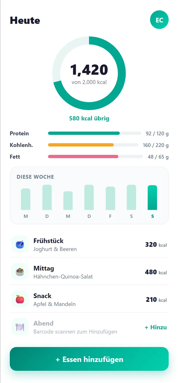 Ein tägliches Ernährungstagebuch für Mahlzeiten, Kalorien und Makros