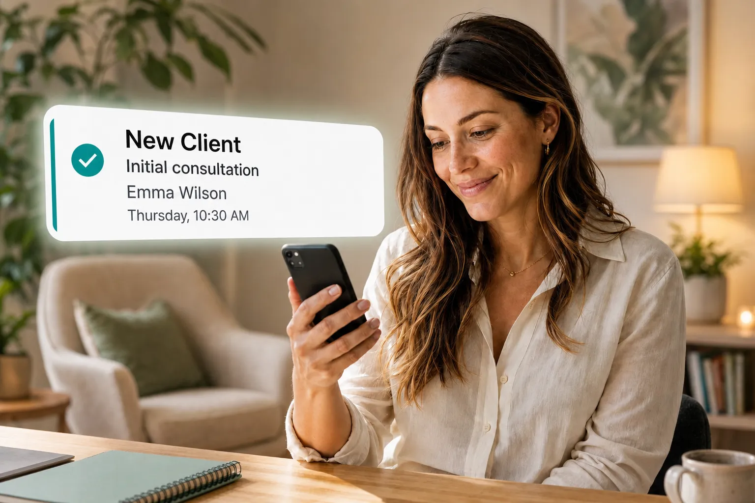 A health professional getting a new client booking notification through Vitena