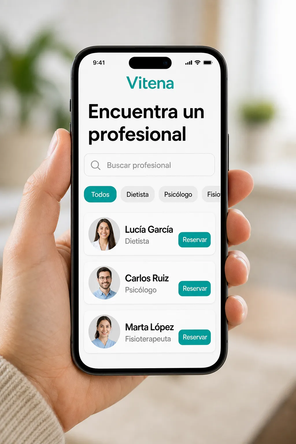 Resultados de búsqueda del directorio de Vitena con filtros y tarjetas de profesionales