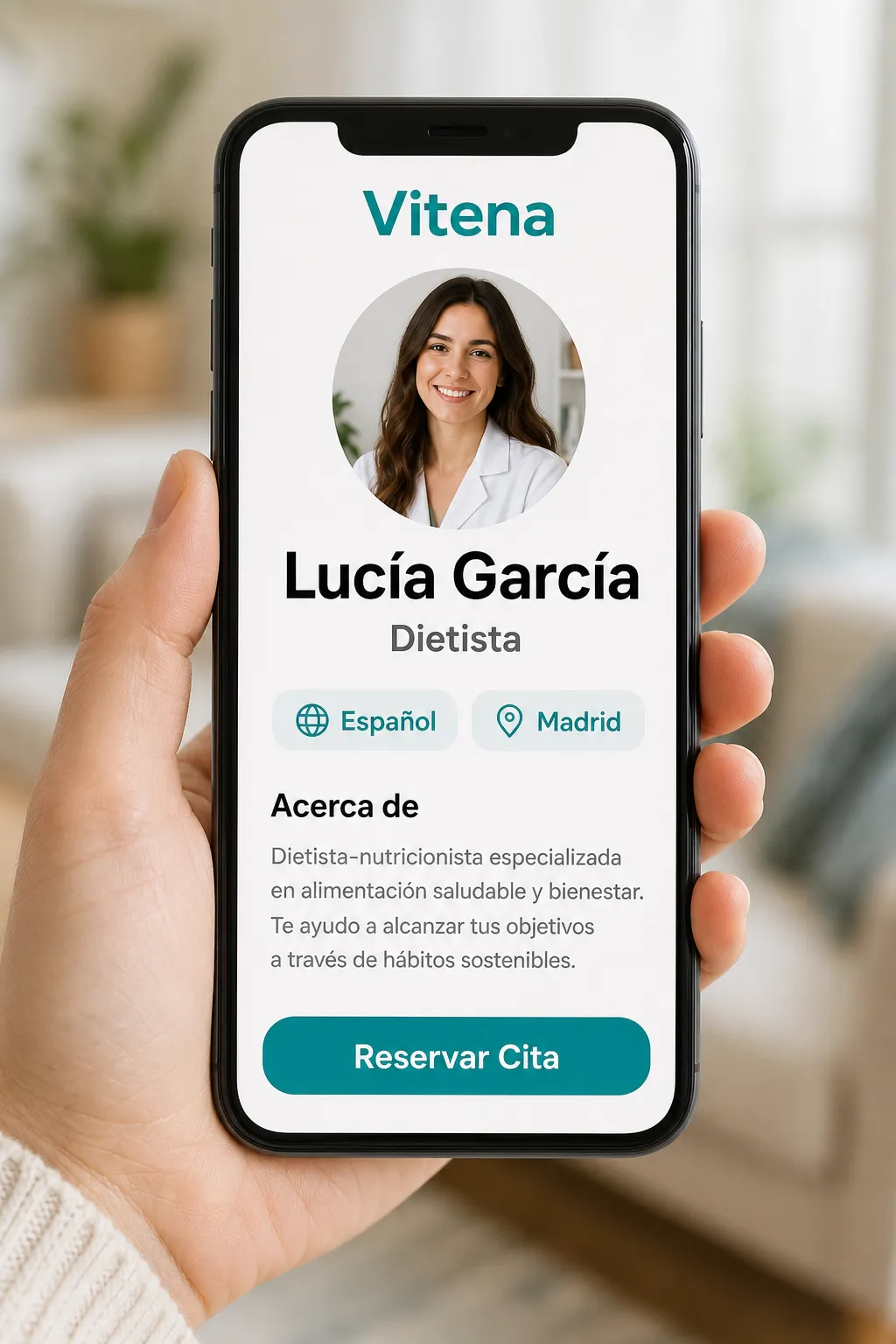 Página de perfil público de un profesional de la salud en Vitena con un botón de reserva