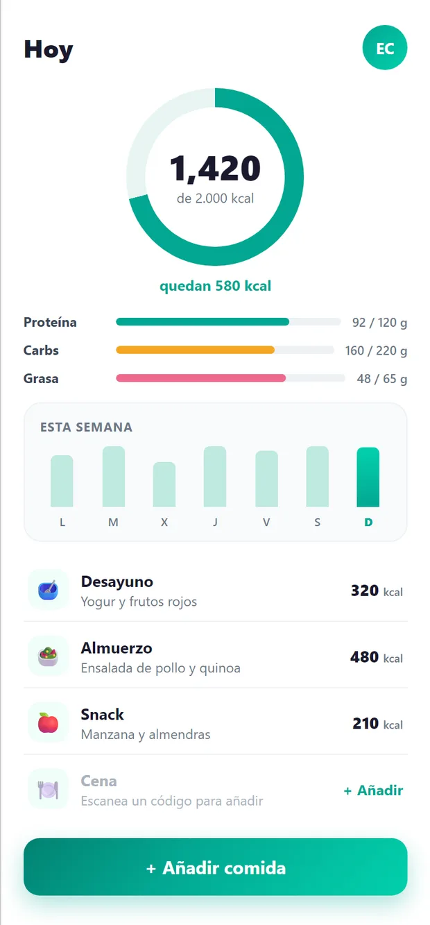 Un diario que registra comidas, calorías y macros cada día
