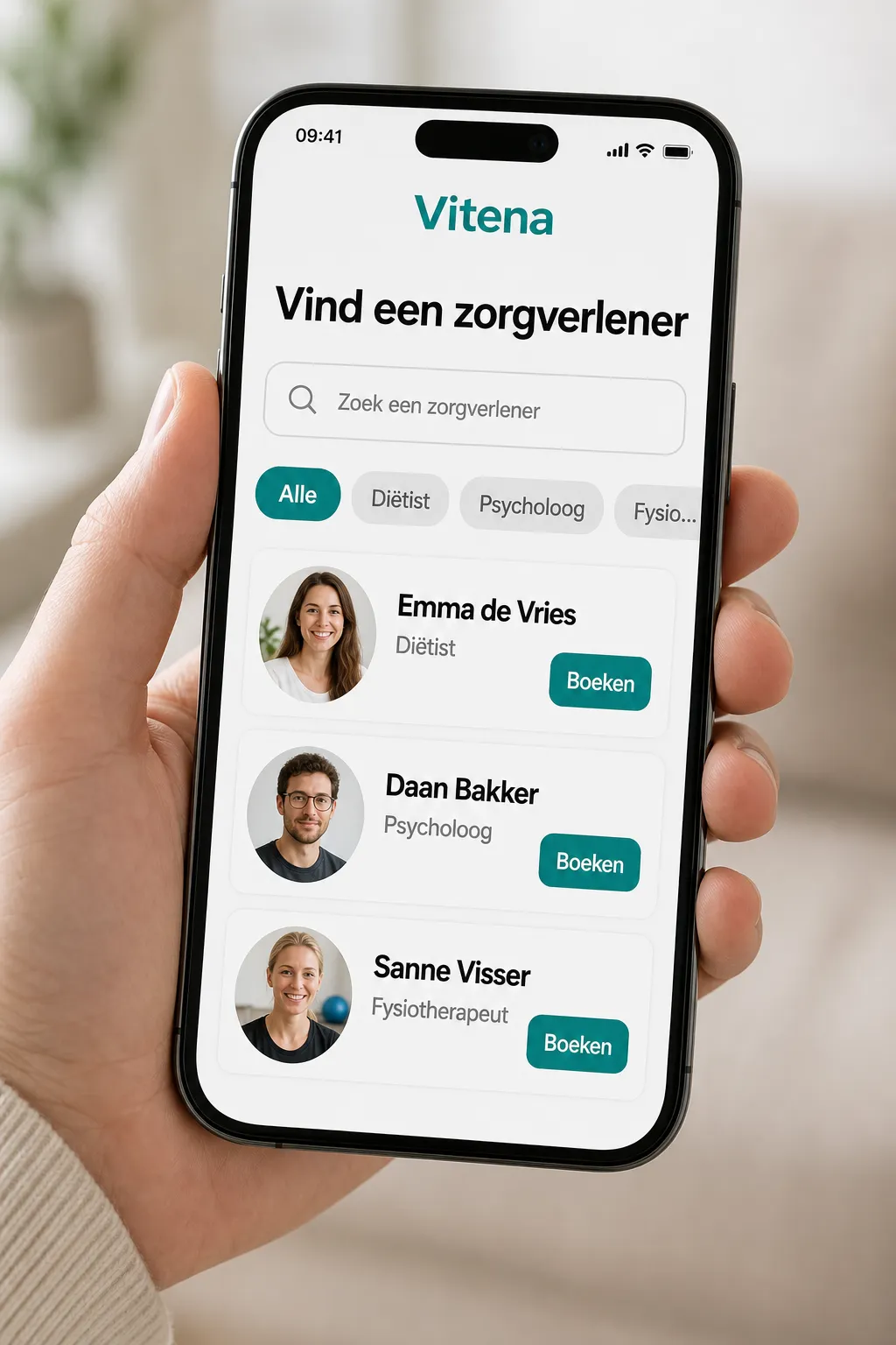 Zoekresultaten in de Vitena-gids met filters en profielkaarten