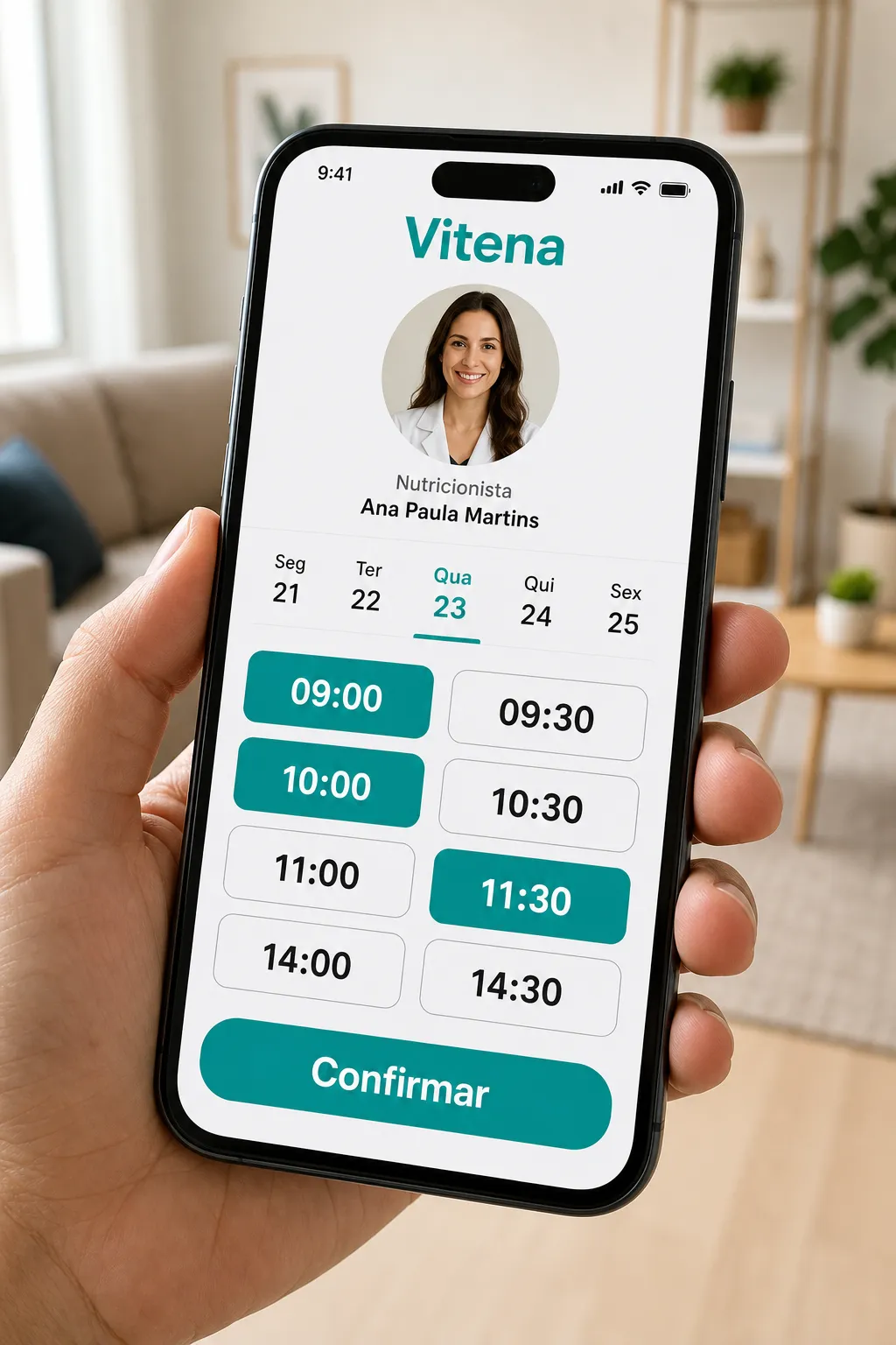 Um cliente a escolher um horário e a marcar diretamente a partir de um perfil da Vitena
