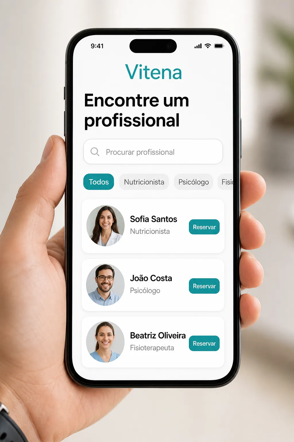Resultados de pesquisa no diretório da Vitena, com filtros e cartões de profissionais