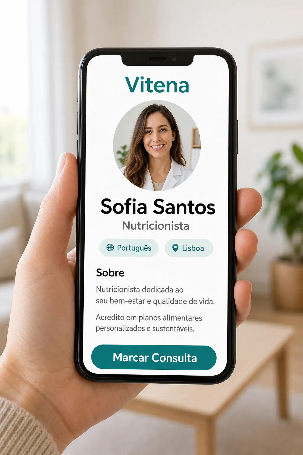 Página de perfil público de um profissional de saúde na Vitena, com um botão para marcar