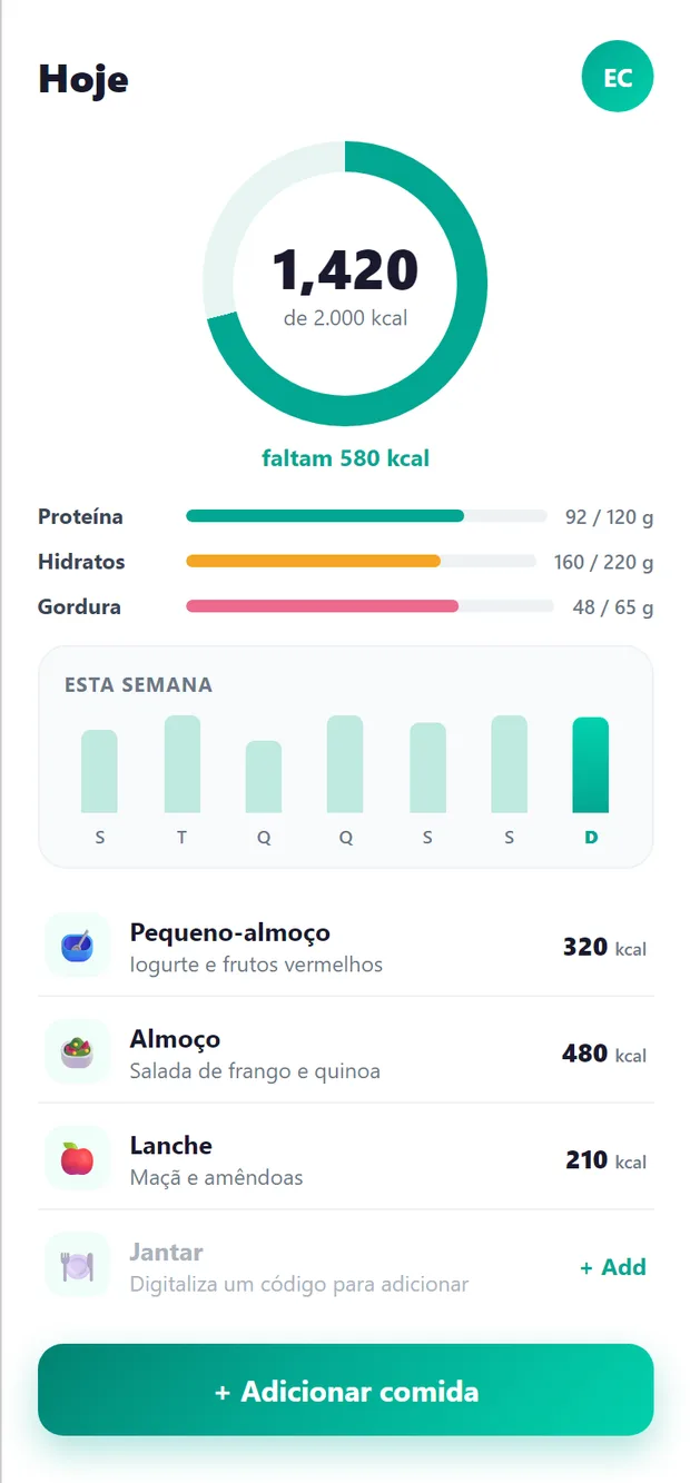 Um diário alimentar que regista refeições, calorias e macros