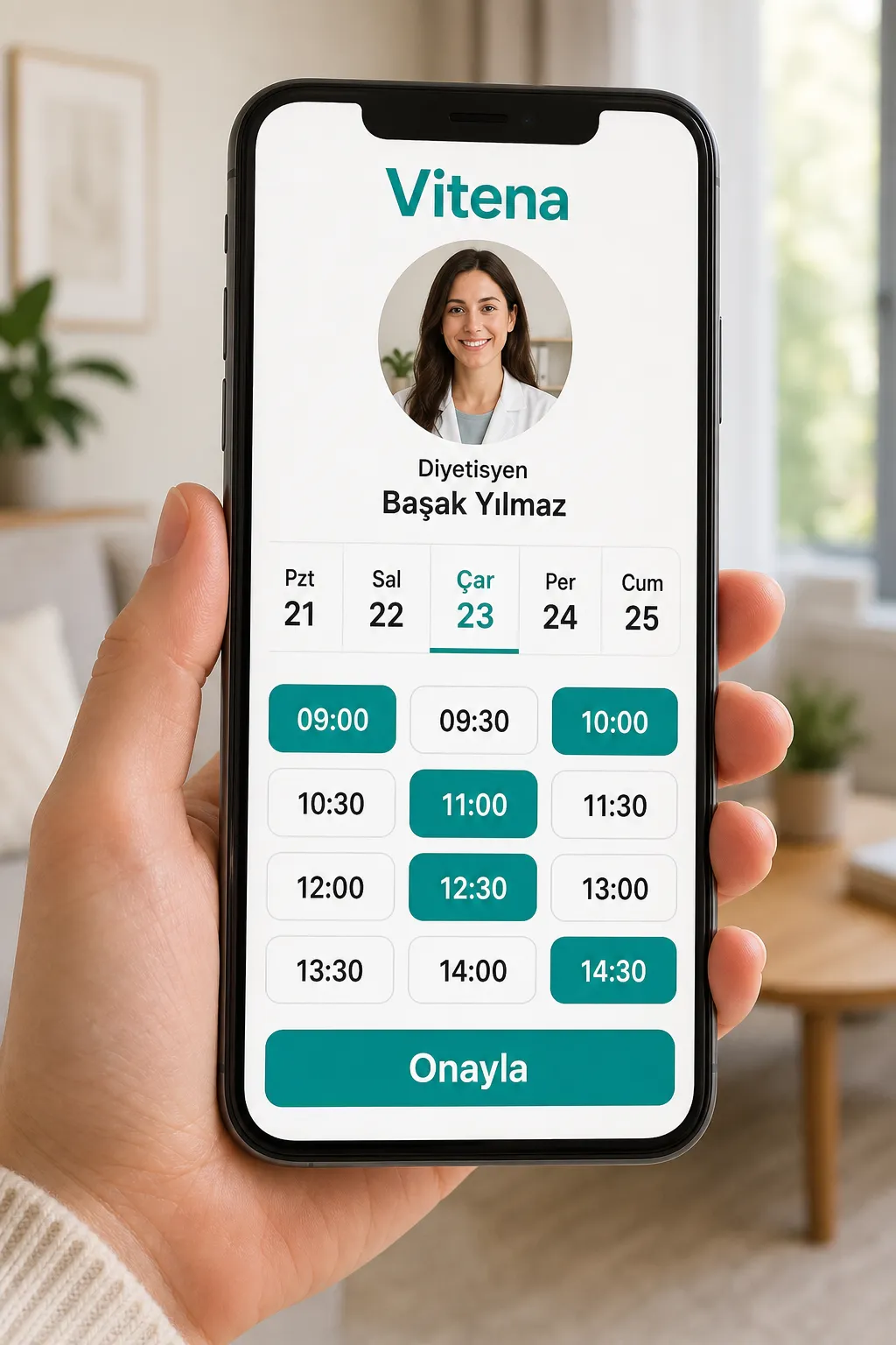 Bir danışanın Vitena profilinden uygun saati seçip doğrudan randevu alması