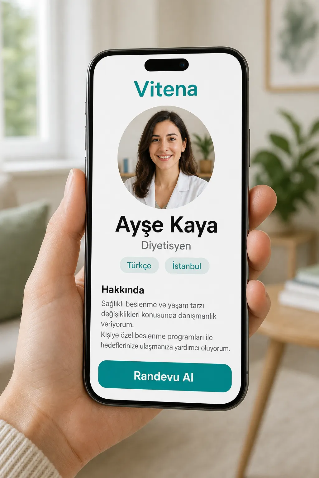 Bir sağlık uzmanının Vitena'daki herkese açık profil sayfası ve randevu butonu