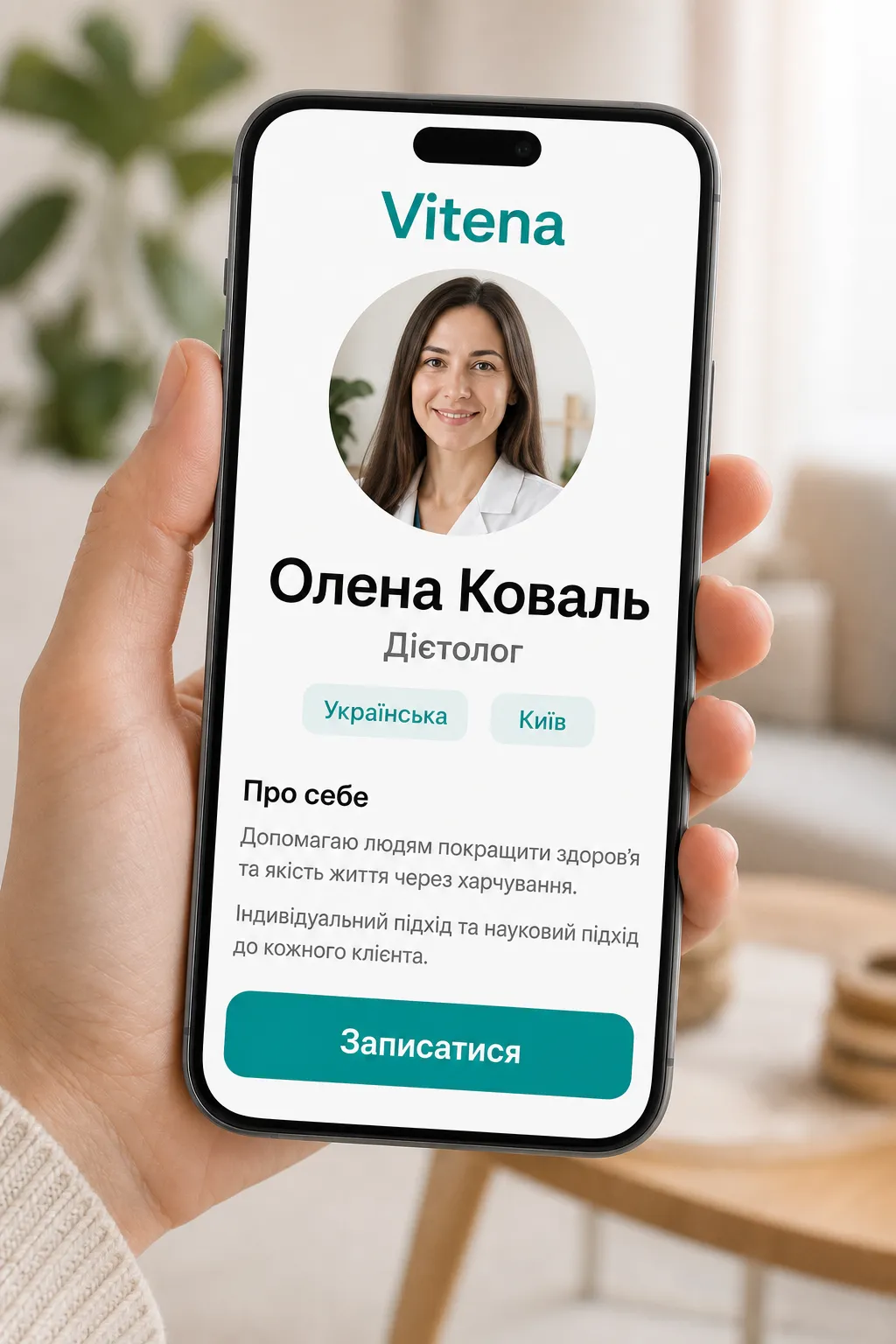 Публічна сторінка фахівця зі здоров’я у Vitena з кнопкою запису